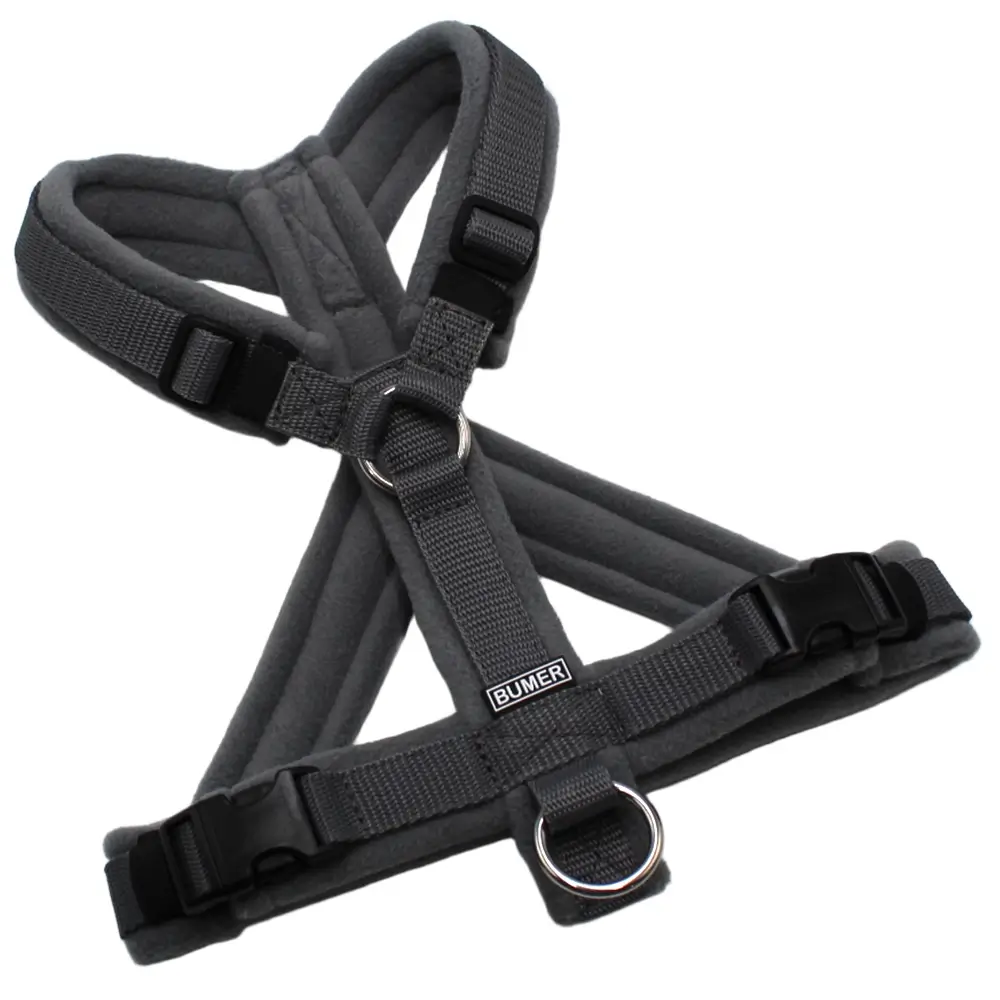 BUMER Hundegeschirr, Gurtband STANDARD PLUS Dunkelgrau, Fleece Driftwood Ash, gepolstert mit geteiltem Bruststeg, Größe S, Ringe silberfarbig (Edelstahl), Schnallen schwarz (DURAFLEX®)