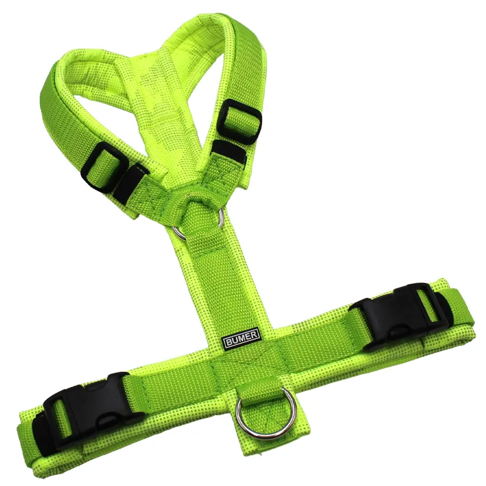 BUMER Hundegeschirr, gepolstert, Größe M, Gurtband PREMIUM X Kiwi Kiss, Softshell Camouflage-Reflex, Ringe silberfarbig (Edelstahl), Schnallen schwarz (DURAFLEX®)