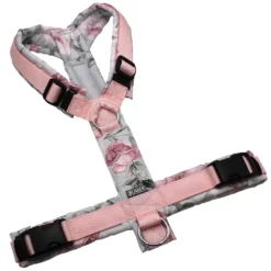 BUMER Hundegeschirr, gepolstert, Größe M/L, Gurtband: PREMIUM Blush Petal, Oxford: Rosen, Ringe: silberfarbig (Edelstahl), Schnallen: schwarz (DURAFLEX®), Applikation