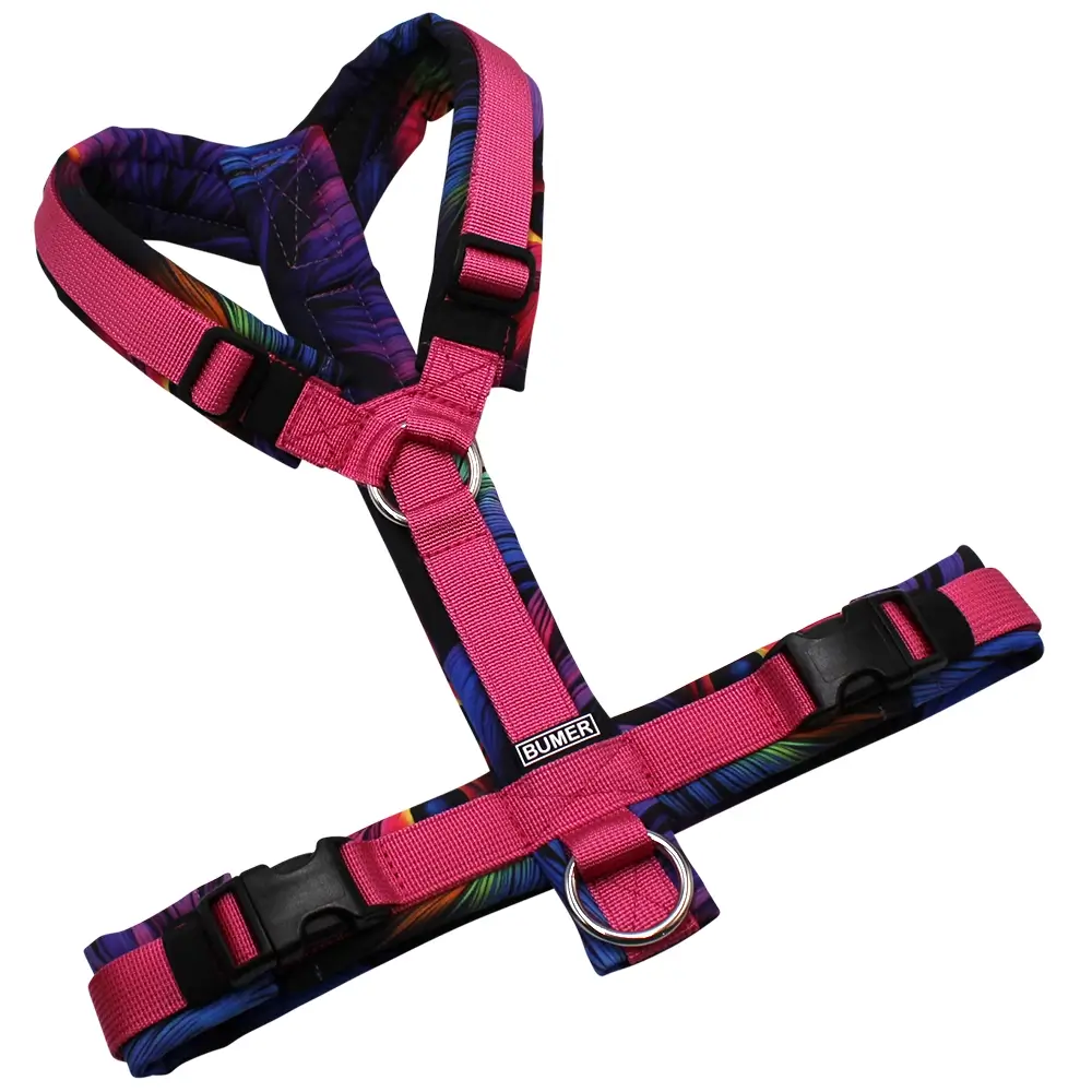 BUMER Hundegeschirr, gepolstert, Größe S/M, Gurtband: PREMIUM Himbeer Sorbet, Softshell: Neon Palmenblätter, Ringe: silberfarbig (Edelstahl), Schnallen: schwarz (DURAFLEX®)