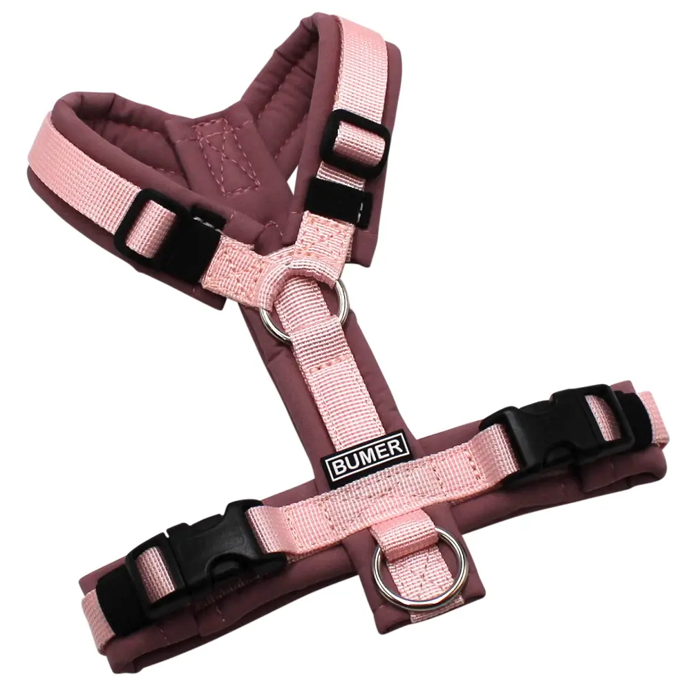 BUMER Hundegeschirr, gepolstert, Größe XXS, Gurtband: PREMIUM Blush Petal, Softshell: Smoky Violet, Ringe: silberfarbig (Edelstahl), Schnallen: schwarz (DURAFLEX®)