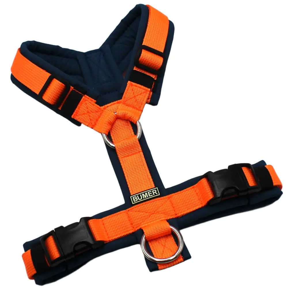 BUMER Hundegeschirr, gepolstert, Größe XXS, Gurtband PREMIUM Electric Pumpkin, Softshell Petrolshade, Ringe silberfarbig (Edelstahl), Schnallen schwarz (DURAFLEX®)