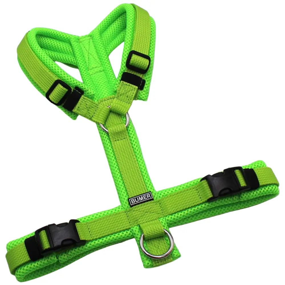 BUMER Hundegeschirr, gepolstert, Größe XXS/XS, Gurtband: PREMIUM X Kiwi Kiss, MESH: Neongrün, Ringe: silberfarbig (Edelstahl), Schnallen: schwarz (DURAFLEX®)