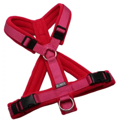 BUMER Hundegeschirr, gepolstert mit geteiltem Bruststeg, Größe S, Gurtband: PREMIUM Himbeer Sorbet, Fleece: Cartoon Pink, Ringe: silberfarbig (Edelstahl), Schnallen: schwarz (DURAFLEX®)