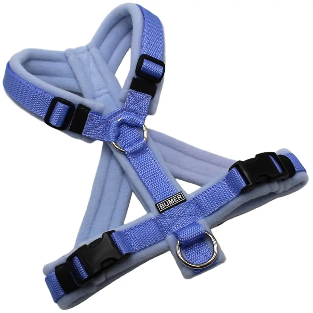 BUMER Hundegeschirr, gepolstert mit geteiltem Bruststeg, Größe XS/S, Gurtband PREMIUM X Light Blue, Fleece Harbour Fog, Ringe silberfarbig (Edelstahl), Schnallen schwarz (DURAFLEX®)