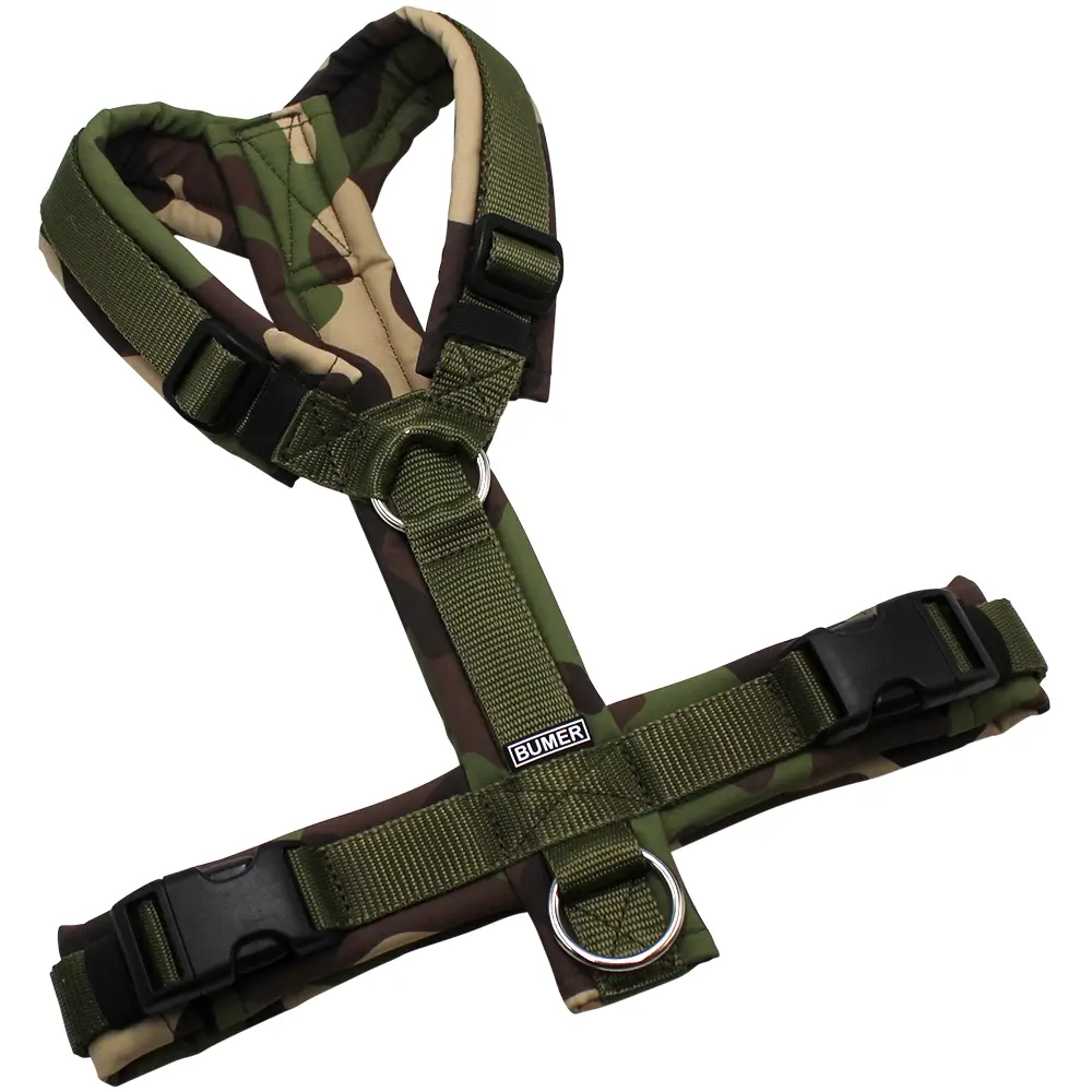 BUMER Hundegeschirr, gepolstert ohne geteiltem Bruststeg, Größe M, Gurtband: Khaki, Softshell: Mossy Maze, Ringe: silberfarbig (Edelstahl), Schnallen: schwarz (DURAFLEX®)
