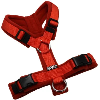 BUMER Hundegeschirr, gepolstert ohne geteilten Bruststeg, Größe XS, Gurtband: PREMIUM Scarlett Essence, Fleece: Terracotta, Ringe: silberfarbig (Edelstahl), Schnallen: schwarz (DURAFLEX®)