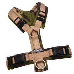 BUMER Hundegeschirr, gepolstert ohne geteilten Bruststeg, Größe XXS, Gurtband: PREMIUM Soft Beige, Softshell: Mossy Maze (TARNFARBEN), Ringe: silberfarbig (Edelstahl)