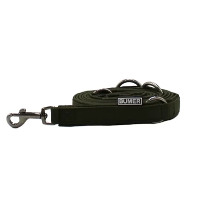 BUMER Hundeleine, 190cm (3fach verstellbar), Gurtband: PREMIUM Wiesen Salbei (15mm), Softshell: Olive, Ringe/Karabiner: silberfarbig