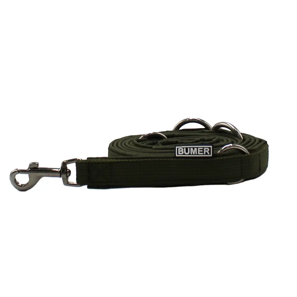 BUMER Hundeleine, 190cm (3fach verstellbar), Gurtband PREMIUM Wiesen Salbei (15mm), Softshell Olive, Ringe/Karabiner silberfarbig