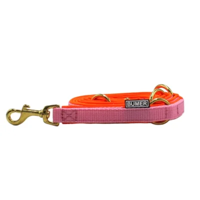 BUMER Hundeleine, 210cm (3fach verstellbar), Gurtband: Standard PLUS Hellpink (15mm), Softshell: Neonorange, Ringe/Karabiner: goldfarbig
