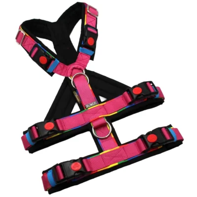 BUMER Sicherheits-Hundegeschirr, gepolstert, Größe M, Gurtband: PREMIUM Himbeer Sorbet, CORDURA® Farbe: Schwarz, Ringe: silberfarbig (Edelstahl), Schnallen: schwarz (mit Sicherung), usw...