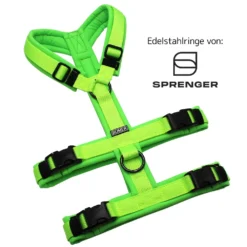 BUMER Sicherheitsgeschirr, gepolstert ohne geteilten Bruststeg, Größe S, Gurtband: PREMIUM Neonlime, Softshell: Neongrün, Ringe: schwarz (Edelstahl), Schnallen: schwarz (DURAFLEX®)