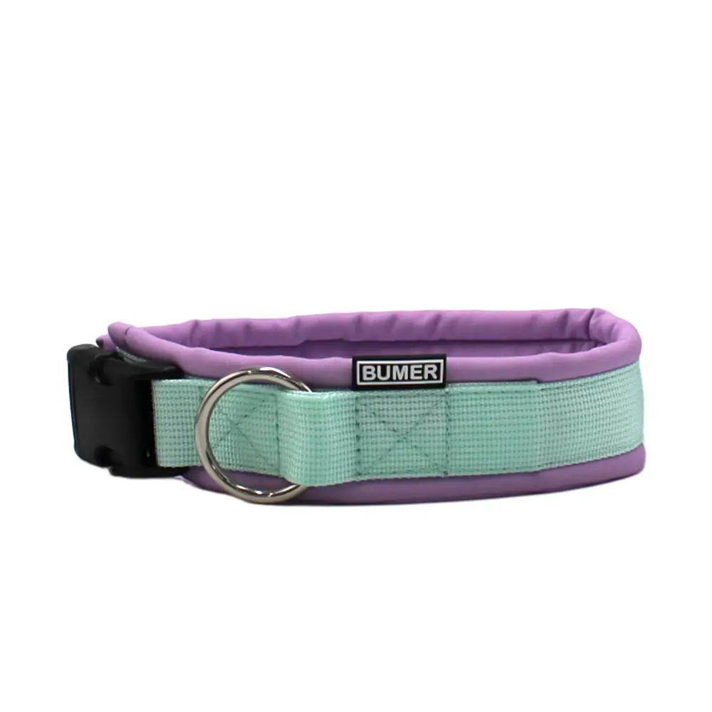 BUMER Steckhalsband, Halsumfang 40 cm, Gurtband PREMIUM Hellmint, Softshell Fliedertraum, Ring silberfarbig (Edelstahl), Schnalle schwarz (DURAFLEX®)