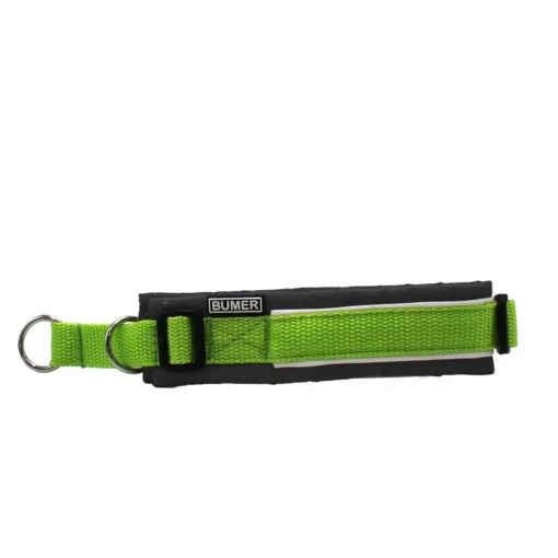 BUMER Zugstopp Halsband, Halsumfang 32-38 cm, Gurtband PREMIUM X Kiwi Kiss, Softshell grau REFLEX, Ring silberfarbig (Edelstahl), Paspel weiss/weiss
