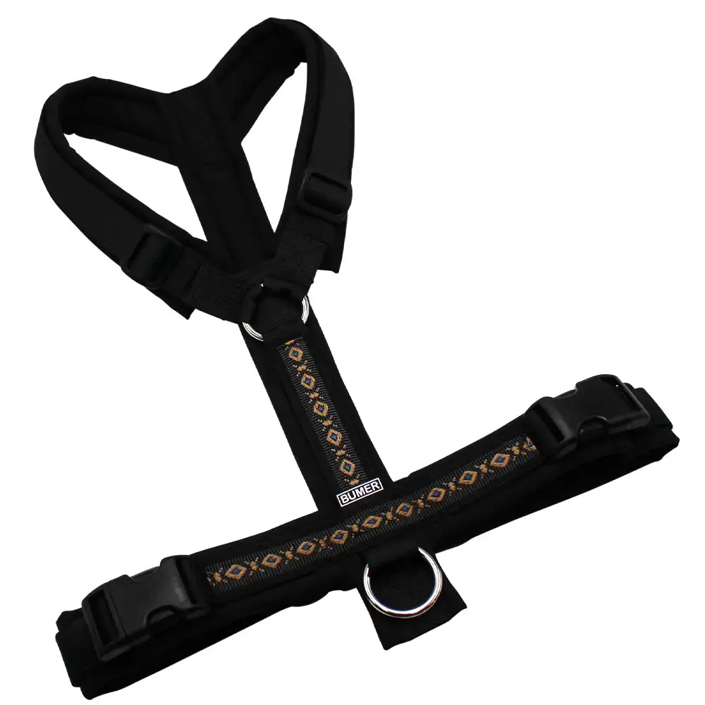 BUMER BOHO Hundegeschirr, gepolstert ohne geteilten Bruststeg, Größe L, Gurtband: PREMIUM Pitch Black, Softshell: schwarz, Ringe: silberfarbig (Edelstahl), Schnallen: schwarz