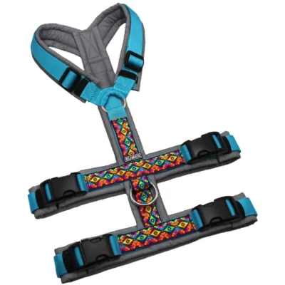 BUMER BOHO Sicherheitsgeschirr, Größe M, Gurtband: PREMIUM Blue Lagoon, Softshell: REFLEX, Ringe: silberfarbig (Edelstahl), Schnallen: schwarz (DURAFLEX®)