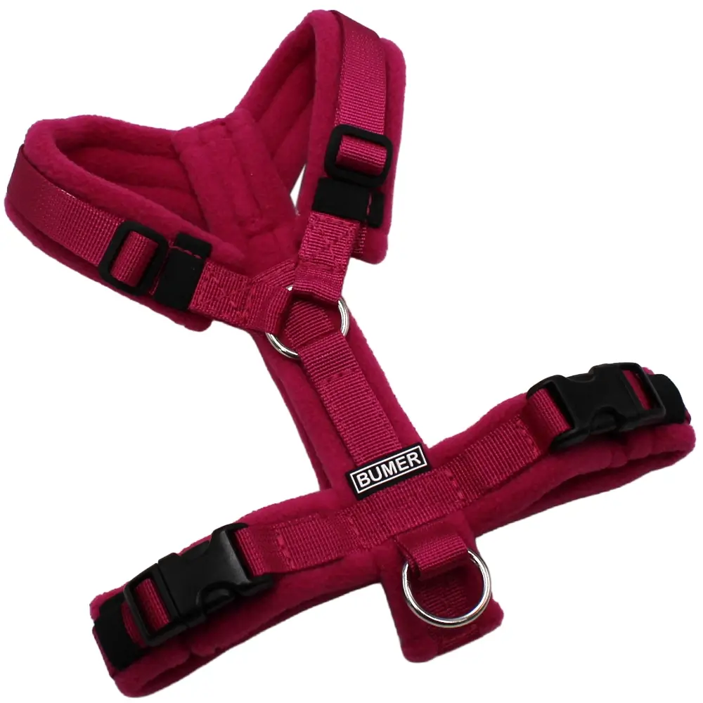 BUMER Hundegeschirr, Fleece Berry Noir, Größe XXS/XS, Gurtband PREMIUM Fuchsia Flaire, Ringe silberfarbig (Edelstahl), Schnallen schwarz (DURAFLEX®)