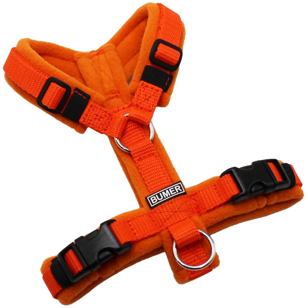 BUMER Hundegeschirr, Fleece Honey Bronze, Größe XXS, Gurtband Standard PLUS Orange, Ringe silberfarbig (Edelstahl), Schnallen schwarz (DURAFLEX®)