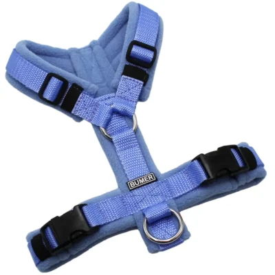 BUMER Hundegeschirr, Fleece: Lavender Twilight, Größe: XS, Gurtband: PREMIUM X Light Blue, Ringe: silberfarbig (Edelstahl), Schnallen: schwarz (DURAFLEX®)