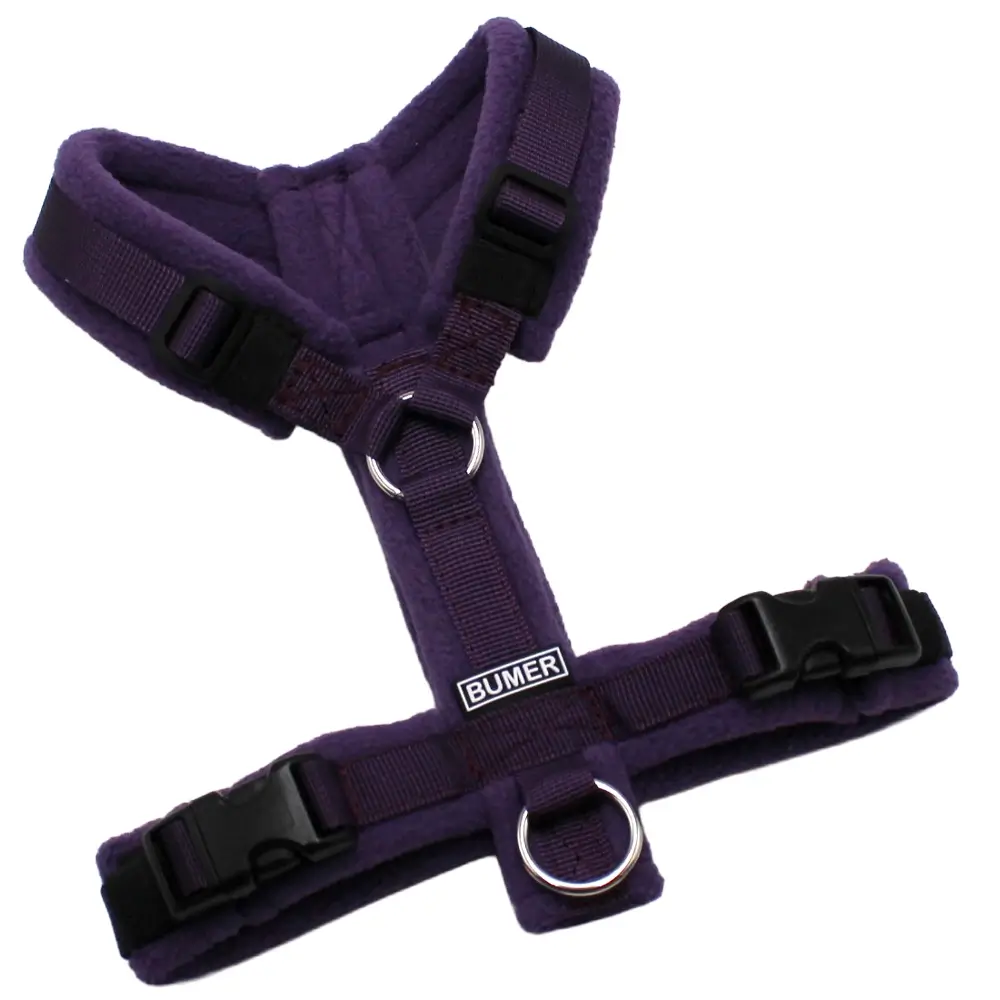 BUMER Hundegeschirr, Fleece Midnight Violet, Größe XXS/XS, Gurtband PREMIUM Midnight Plum, Ringe silberfarbig (Edelstahl), Schnallen schwarz (DURAFLEX®)