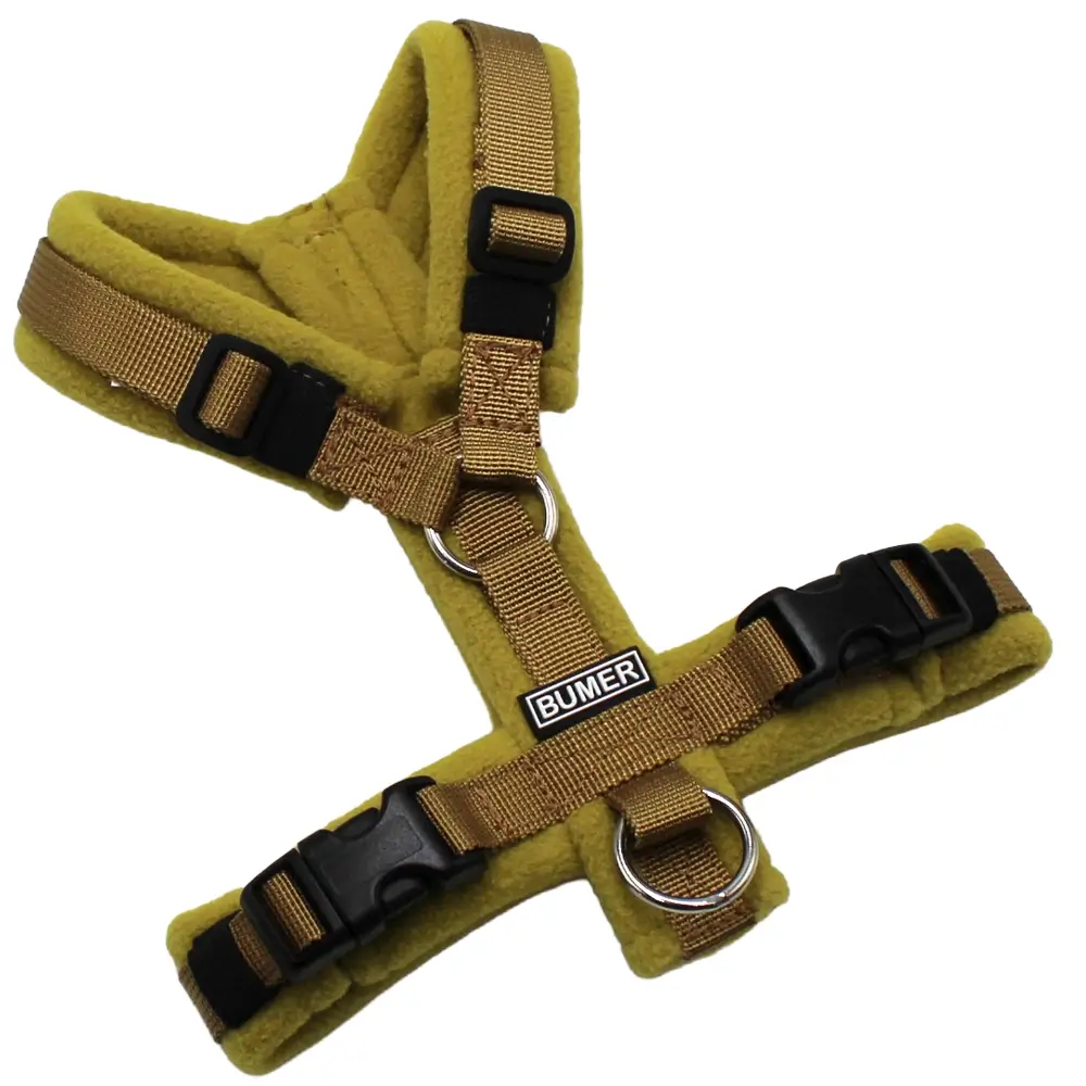 BUMER Hundegeschirr, Fleece Mossy Bronze, Größe XXS, Gurtband PREMIUM Golden Sand, Ringe silberfarbig (Edelstahl), Schnallen schwarz (DURAFLEX®)