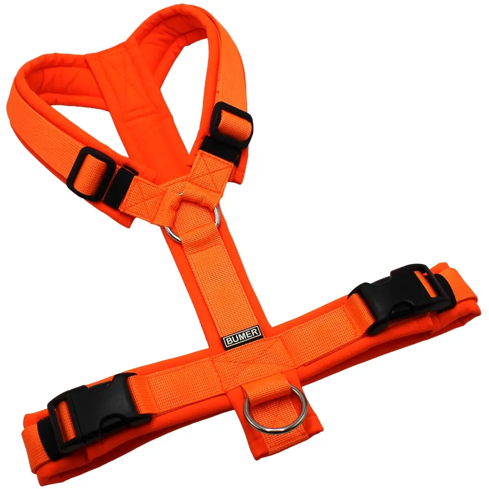BUMER Hundegeschirr, Größe M, Gurtband PREMIUM Electric Pumpkin, Softshell Neonorange, Ringe silberfarbig (Edelstahl), Schnallen schwarz (DURAFLEX®)
