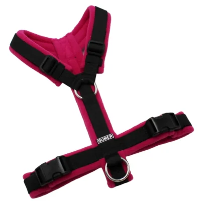 BUMER Hundegeschirr, Größe S, Gurtband: PREMIUM Pitch Black, Fleece: Berry Noir, Ringe: silberfarbig (Edelstahl), Schnallen: schwarz