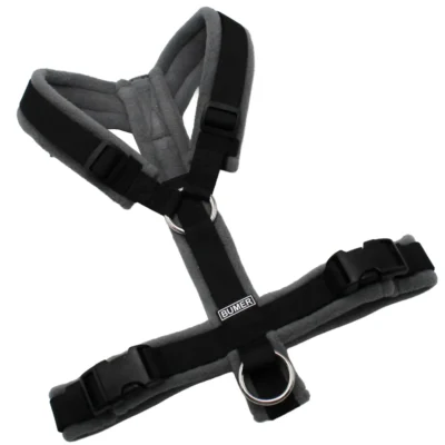 BUMER Hundegeschirr, Größe S, Gurtband: PREMIUM Pitch Black, Fleece: Driftwood Ash, Ringe: silberfarbig (Edelstahl), Schnallen: schwarz