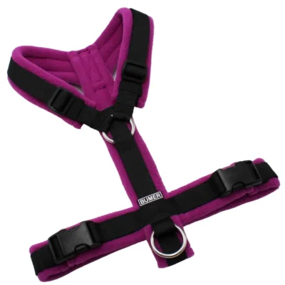 BUMER Hundegeschirr, Größe S, Gurtband: PREMIUM Pitch Black, Fleece: Twilight Orchid, Ringe: silberfarbig (Edelstahl), Schnallen: schwarz