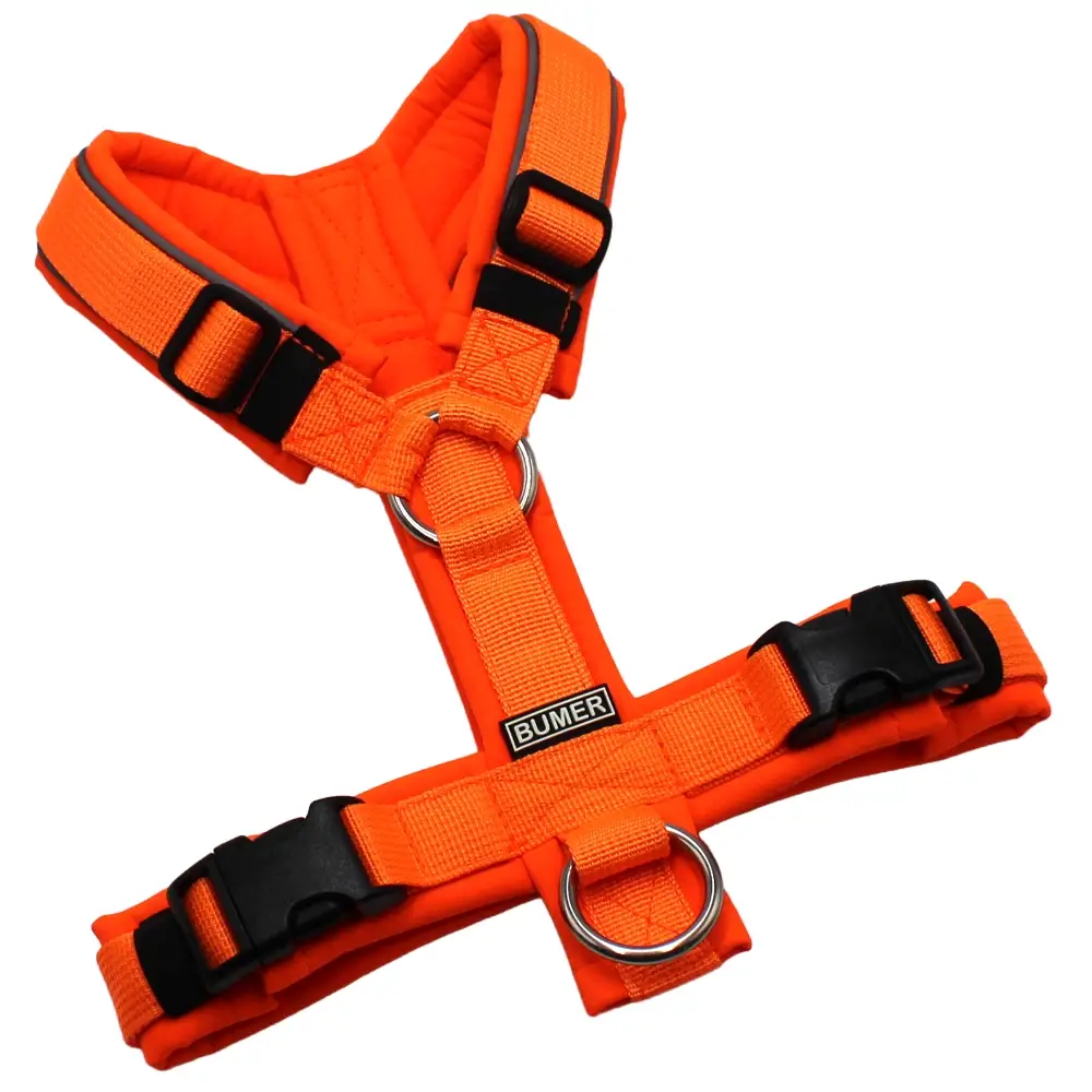 BUMER Hundegeschirr, Größe XS, Gurtband PREMIUM Electric Pumpkin, Softshell Neonorange, Ringe silberfarbig (Edelstahl), Schnallen schwarz (DURAFLEX®)