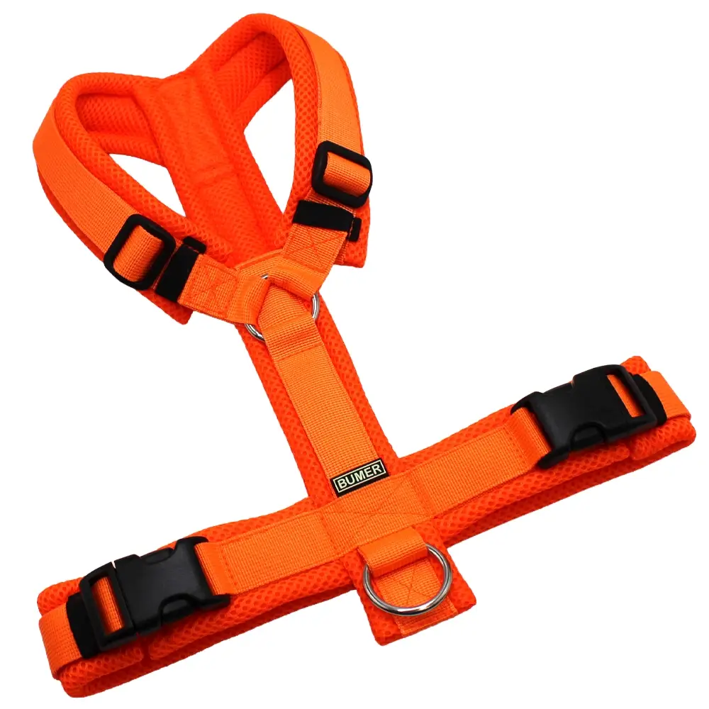 BUMER Hundegeschirr, Größe XXS, Gurtband PREMIUM Electric Pumpkin, MESH Neonorange, Ringe silberfarbig (Edelstahl), Schnallen schwarz (DURAFLEX®)