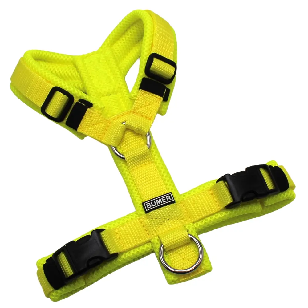 BUMER Hundegeschirr, Größe XXS/XS, Gurtband PREMIUM X Zitrinzauber, MESH Neongelb, Ringe silberfarbig (Edelstahl), Schnallen schwarz (DURAFLEX®)