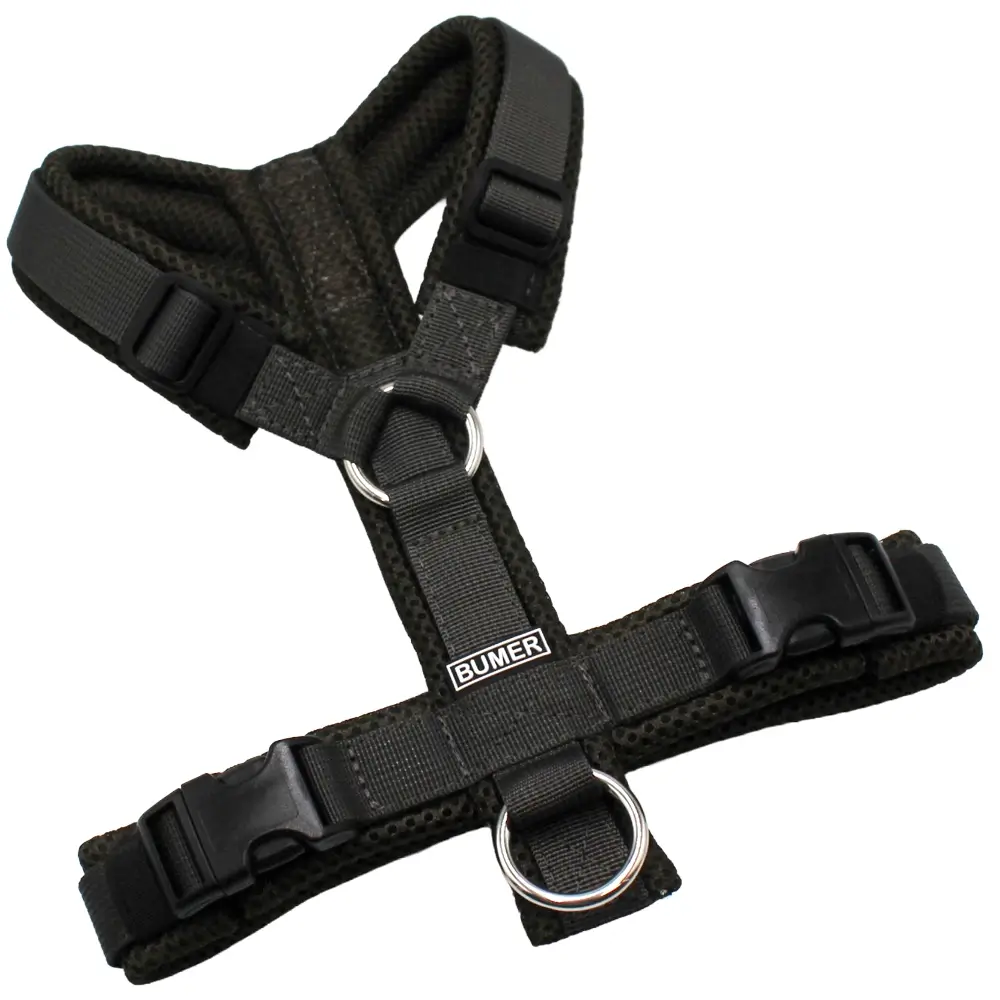 BUMER Hundegeschirr, MESH Olive, Größe XXS, Gurtband PREMIUM Comouflage Green, Ringe silberfarbig (Edelstahl), Schnallen schwarz (DURAFLEX®)