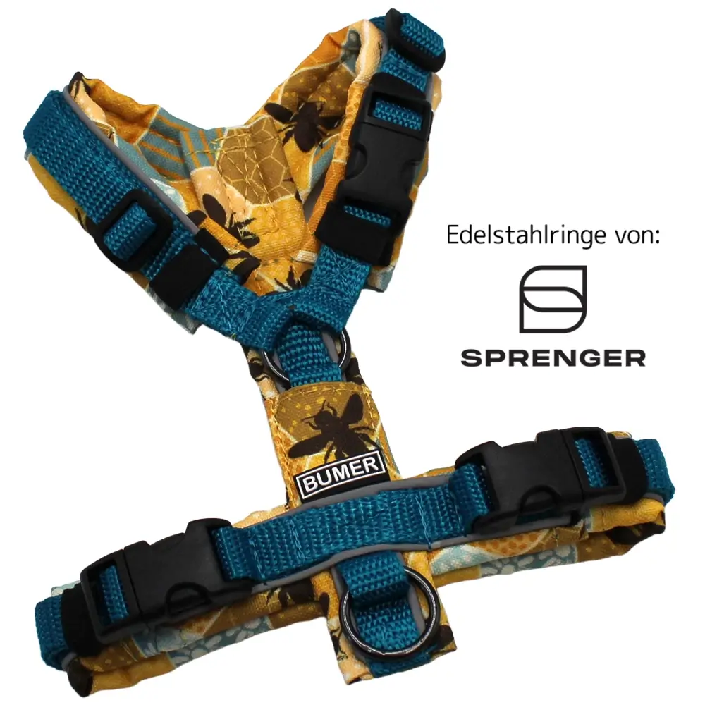 BUMER Hundegeschirr, Softshell Bienenkönigin gepolstert, Größe XXS, Gurtband PREMIUM X Petrol, Ringe schwarz (Edelstahl), Schnallen schwarz ( DURAFLEX®)