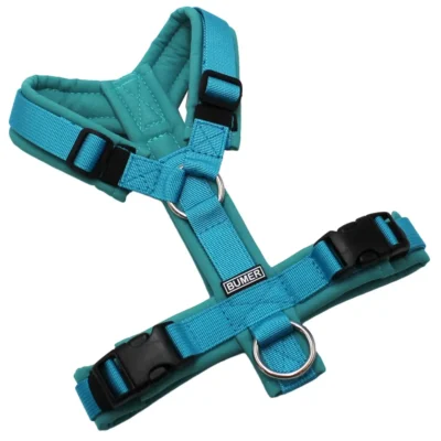 BUMER Hundegeschirr, Softshell: Curacao Splash, Größe: XS, Gurtband: PREMIUM Blue Lagoon, Ringe: silberfarbig (Edelstahl), Schnallen: schwarz