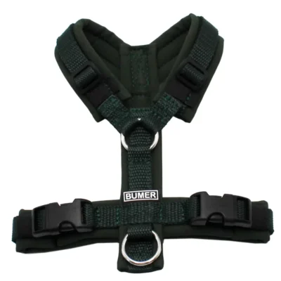 BUMER Hundegeschirr, Softshell: Dunkelolive gepolstert, Größe XXS, Gurtband: PREMIUM X Dunkelgrün, Ringe: silberfarbig (Edelstahl), Schnallen: schwarz ( DURAFLEX®)