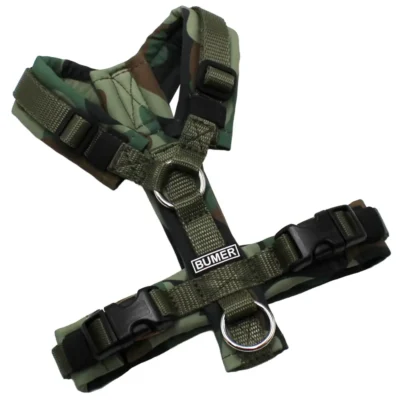 BUMER Hundegeschirr, Softshell: Forest Fusion, Größe: XXS, Gurtband: Khaki, Ringe: silberfarbig (Edelstahl), Schnallen: schwarz (DURAFLEX®)