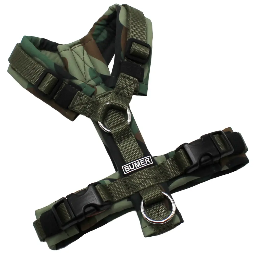BUMER Hundegeschirr, Softshell Forest Fusion, Größe XXS, Gurtband Khaki, Ringe silberfarbig (Edelstahl), Schnallen schwarz (DURAFLEX®)