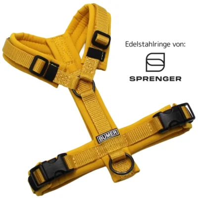 BUMER Hundegeschirr, Softshell: Honignektar, Größe: XXS/XS, Gurtband: Gold, Ringe: schwarz (Edelstahl), Schnallen: schwarz (DURAFLEX®)