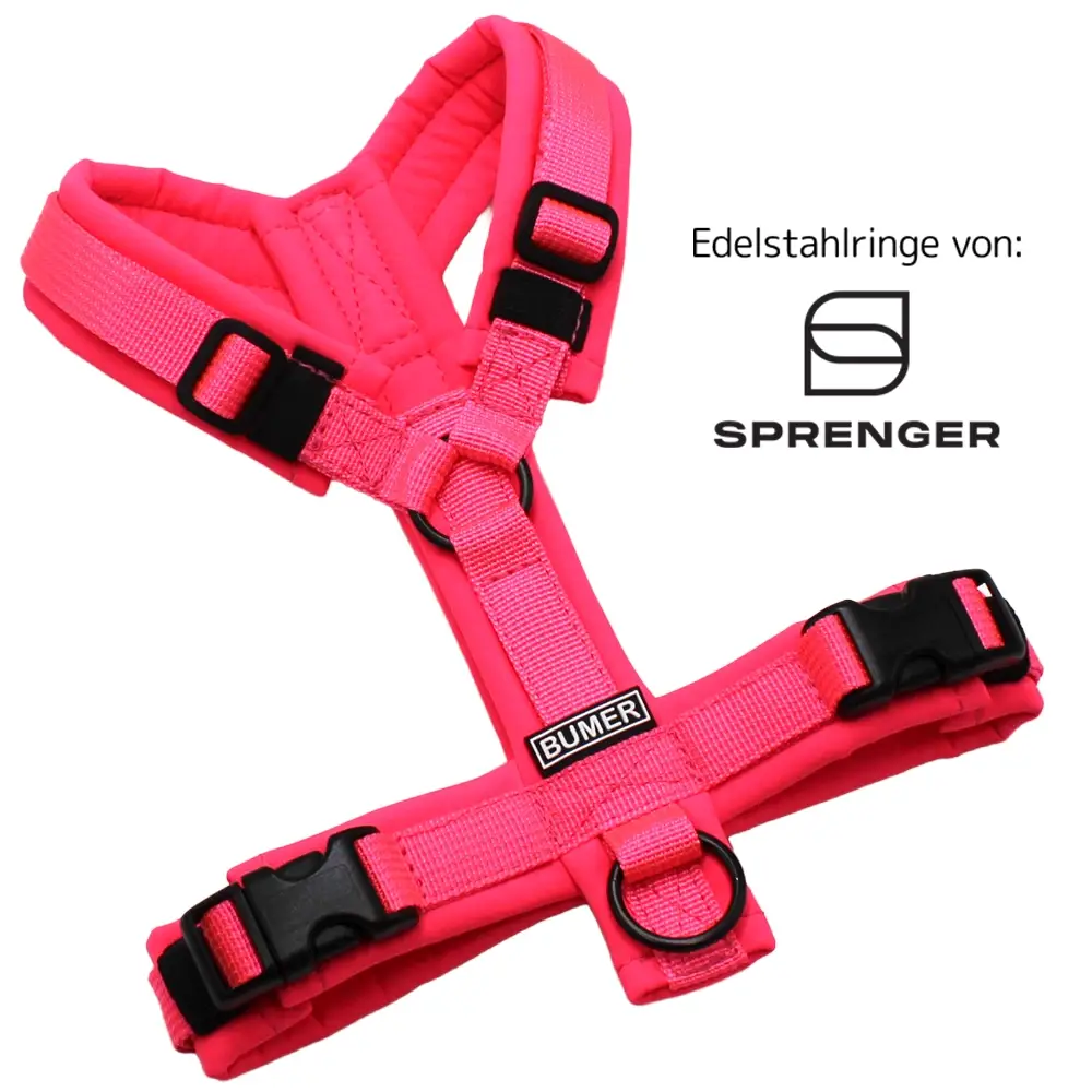BUMER Hundegeschirr, Softshell Neonpink, Größe XXS/XS, Gurtband PREMIUM Vibrant Magenta, Ringe schwarz (Edelstahl), Schnallen schwarz (DURAFLEX®)