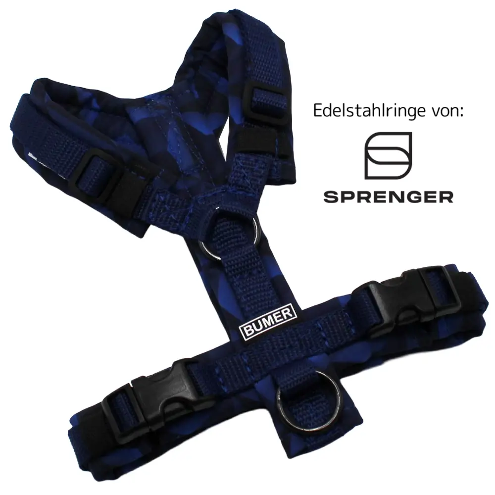 BUMER Hundegeschirr, Softshell PRISMEN Navy, Größe XXS, Gurtband Navy, Ringe schwarz (Edelstahl), Schnallen schwarz ( DURAFLEX®)