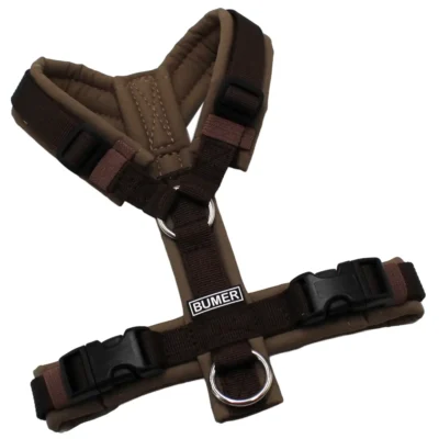 BUMER Hundegeschirr, Softshell: Pumpseed Taupe gepolstert, Größe XXS, Gurtband: PREMIUM Cocoa Bean, Ringe: silberfarbig (Edelstahl), Schnallen: schwarz ( DURAFLEX®)