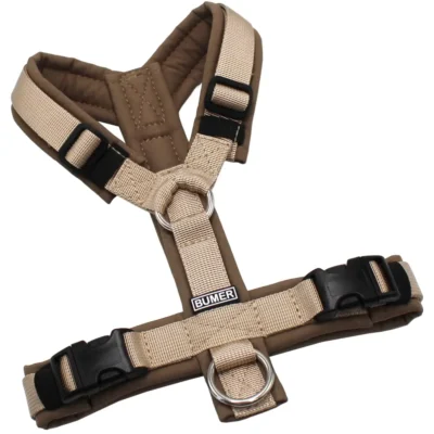BUMER Hundegeschirr, Softshell: Pumseed Taupe, Größe: XS, Gurtband: PREMIUM Soft Beige, Ringe: silberfarbig (Edelstahl), Schnallen: schwarz