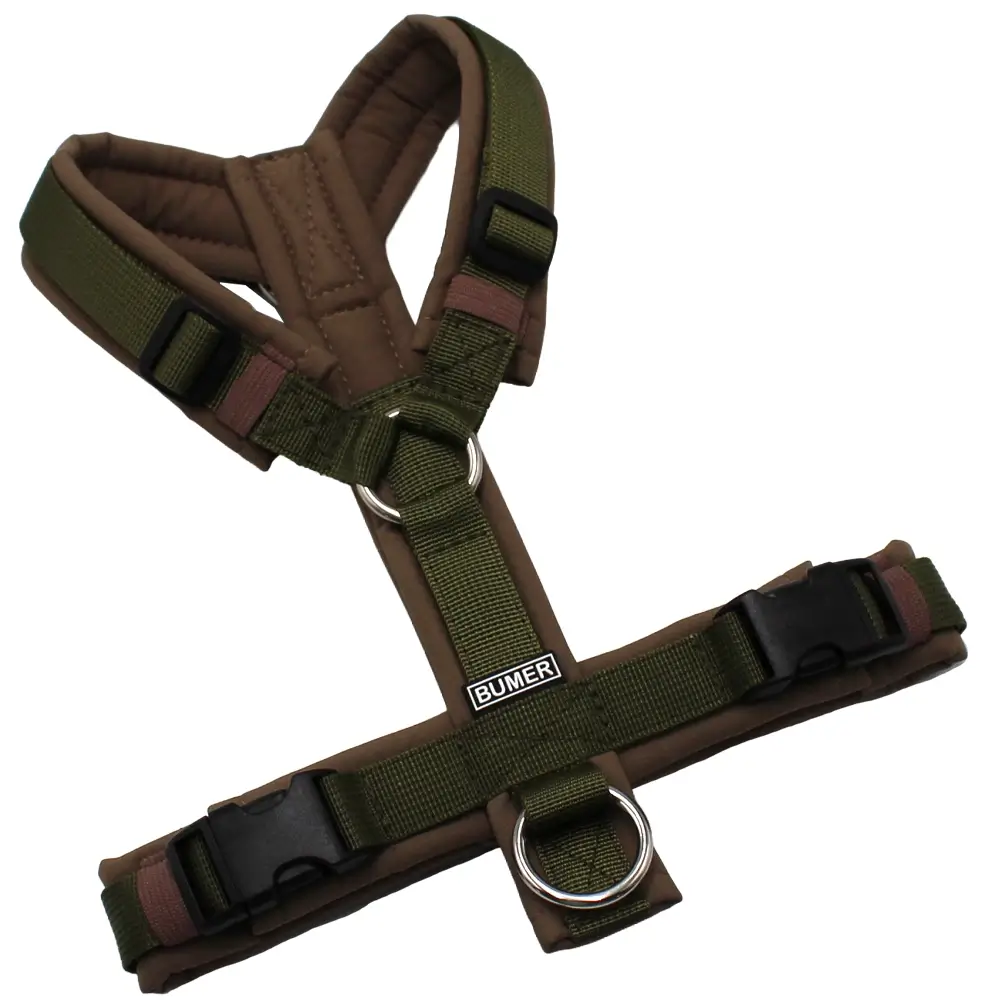 BUMER Hundegeschirr, Softshell Pumseed Taupe, Größe XS/S, Gurtband PREMIUM Wiesensalbei, Ringe silberfarbig (Edelstahl), Schnallen schwarz ( DURAFLEX®)