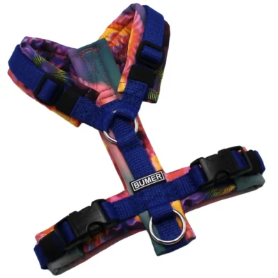 BUMER Hundegeschirr, Softshell: REEF BLOOM, Größe: XXS, Gurtband: Ultramarin, Ringe: silberfarbig (Edelstahl), Schnallen: schwarz (DURAFLEX®)