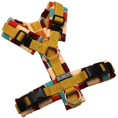 BUMER Hundegeschirr, Softshell: Retro 60 #6, Größe: XXS, Gurtband: Gold, Ringe: silberfarbig (Edelstahl), Schnallen: schwarz (DURAFLEX®)