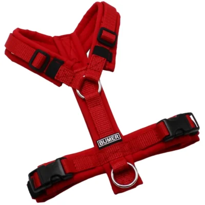 BUMER Hundegeschirr, Softshell: Rot, Größe: XXS/XS, Gurtband: Rot, Ringe: silberfarbig (Edelstahl), Schnallen: schwarz (DURAFLEX®)