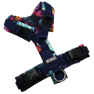 BUMER Hundegeschirr, Softshell: Tropenflatter, Größe: XXS, Gurtband: Navy, Ringe: schwarz (Edelstahl), Schnallen: schwarz ( DURAFLEX®)