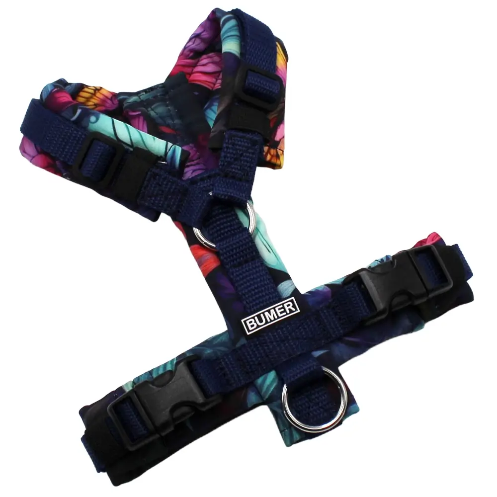 BUMER Hundegeschirr, Softshell Tropenflatter, Größe XXS, Gurtband Navy, Ringe schwarz (Edelstahl), Schnallen schwarz ( DURAFLEX®)
